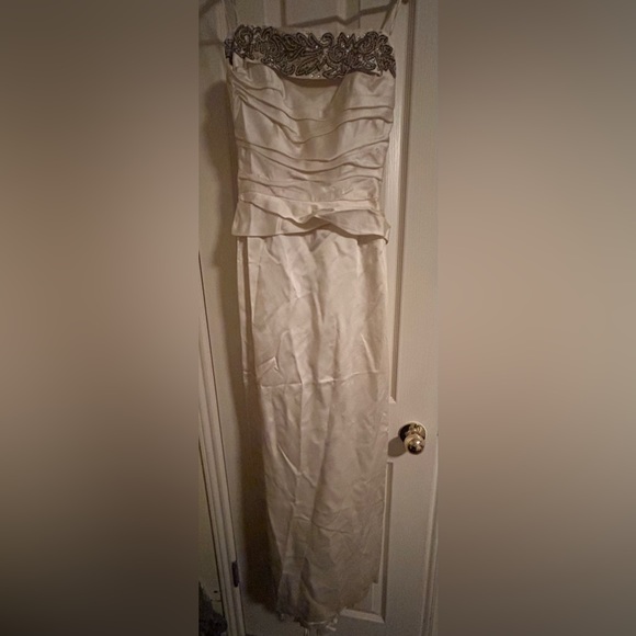 “Vintage” 1950’s formal gown with beading and double train. Some stains. Size S